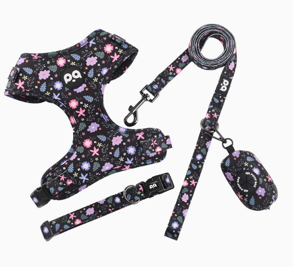 Adjustable soft pet harness set with leash and poop bag holder – black floral colour white background