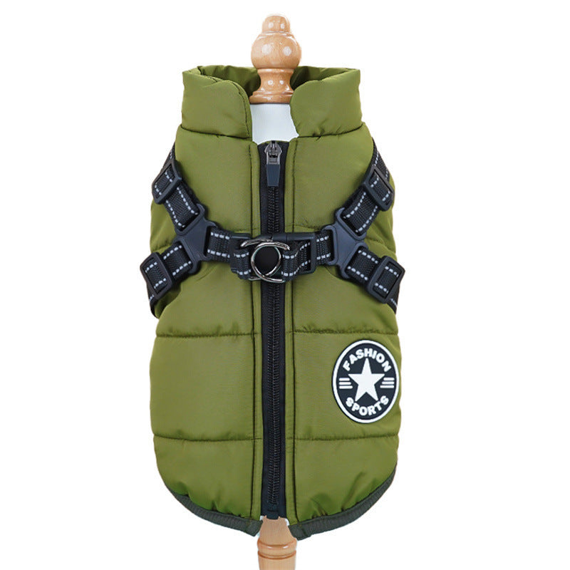 Green waterproof dog coat with front view – fleece interior and no-slip zip