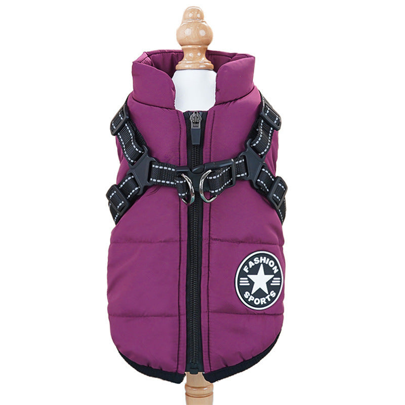 Purple winter dog jacket shown from the front – thick lining and harness-ready