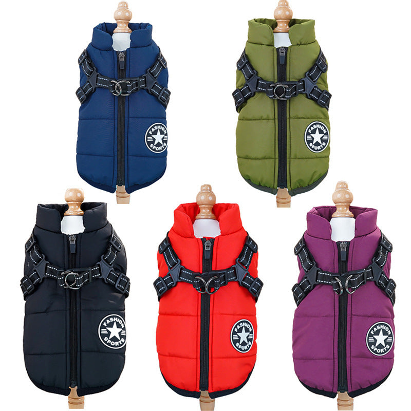 All-Weather Dog Jackets in multiple colours shown on white background – waterproof coats with built-in harness