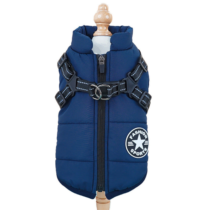 Blue dog winter coat front view – water-resistant with strong D-ring harness