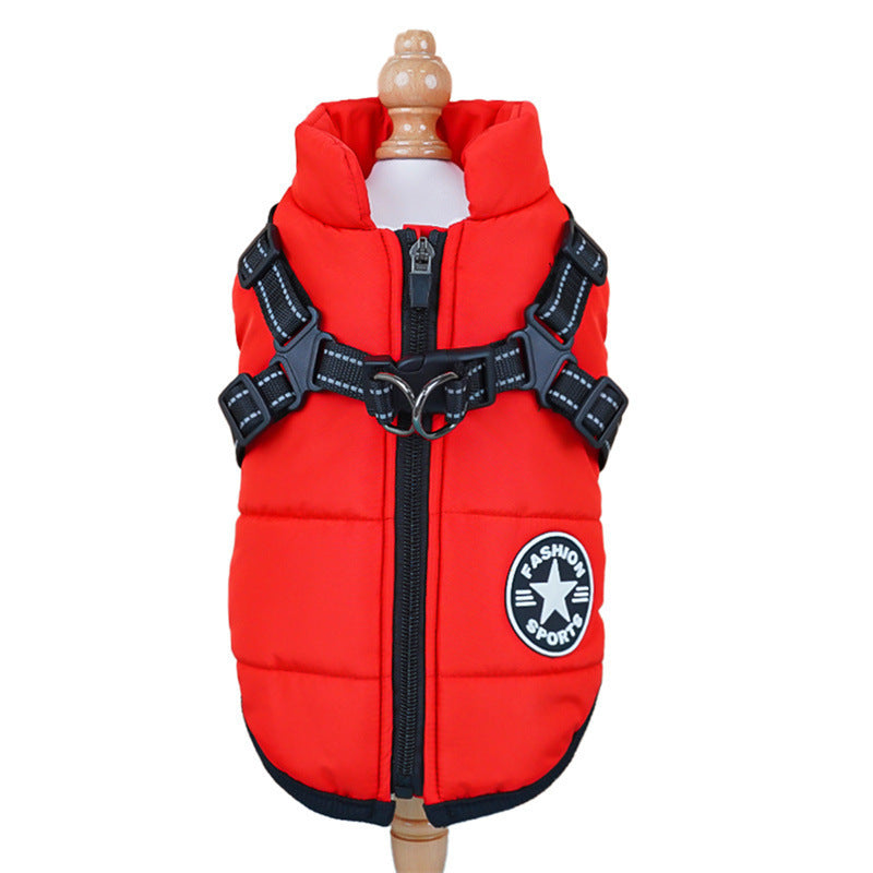 Red winter dog jacket front angle – secure zipper and built-in harness ring