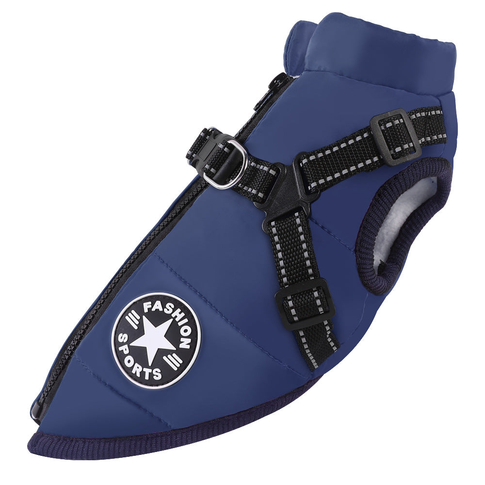 Side profile of blue waterproof dog jacket – warm fleece-lined winter coat