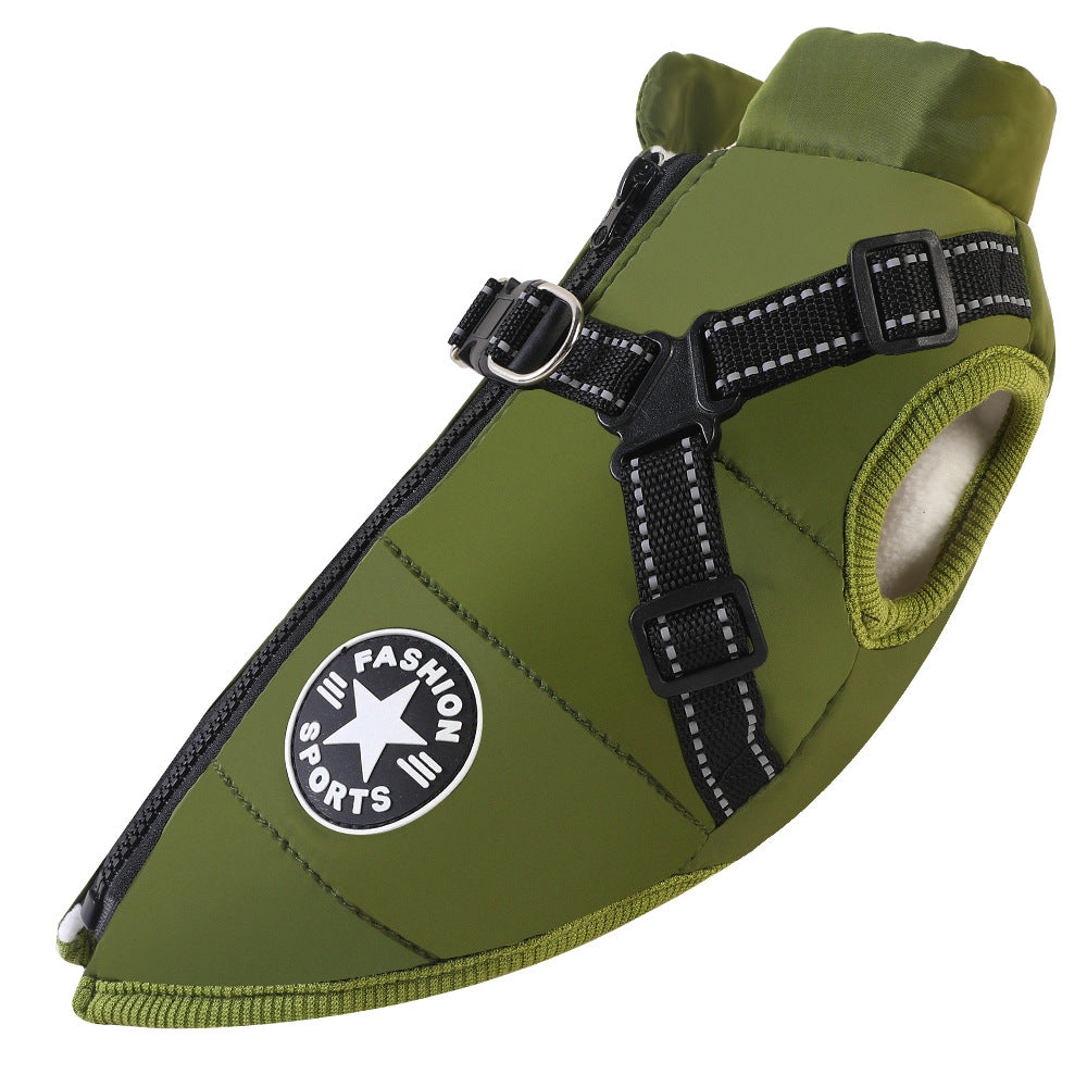 Green dog winter jacket from the side – built for rain and cold weather