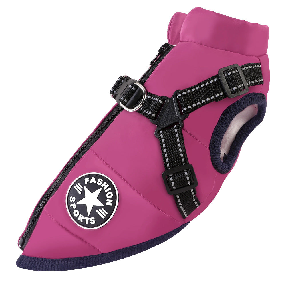 Purple waterproof dog jacket side angle – secure fit for winter walks