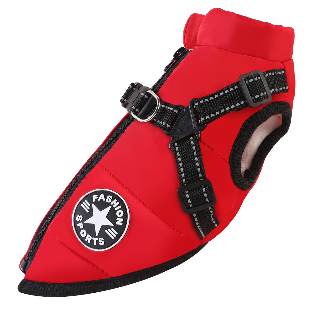 Red waterproof dog coat side view – features built-in harness and back zip