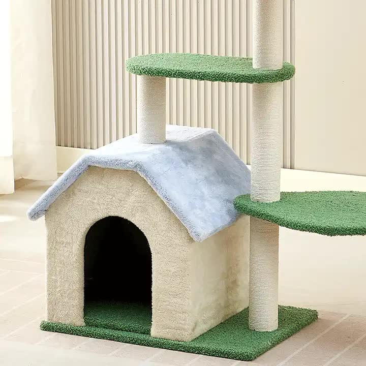 Beige enclosed cat house with powder blue roof on floral cat tree Australia