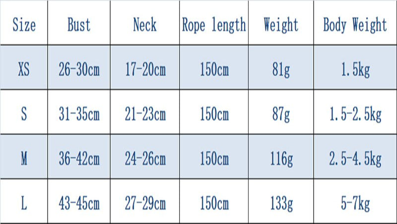 Cat Harness and Leash Set Size Dimensions