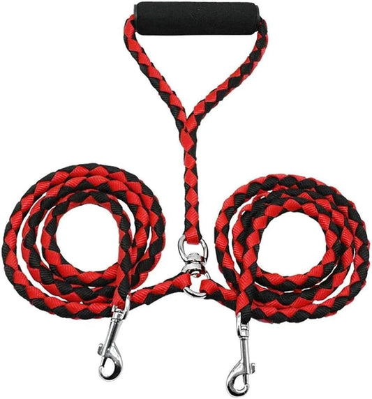 Red and black braided double dog leash with metal clips on a white background