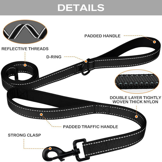 Black dog leash with labeled features on a white background
