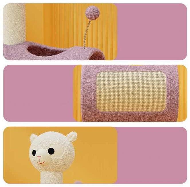 Llama-themed cat tree with scratching post and tunnel