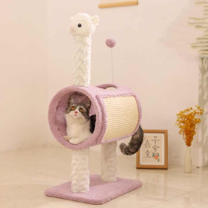 Cat lounging in plush llama-themed tunnel