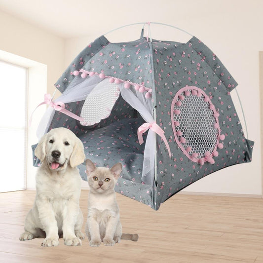 Grey pet tent in modern living room setup