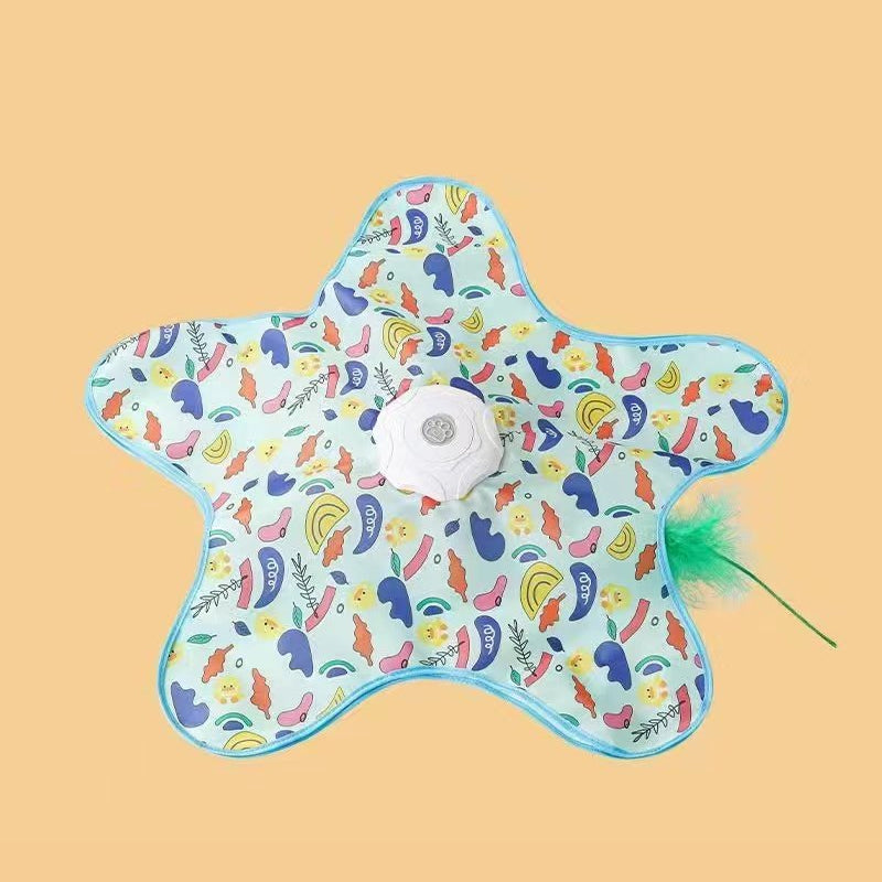 StarPounce Hide-and-Seek Cat Toy green variant on an orange background with fluffy toy visible