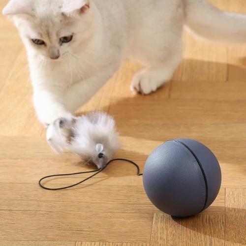 Grey smart rolling cat teaser ball with realistic mouse wand for cat exercise.