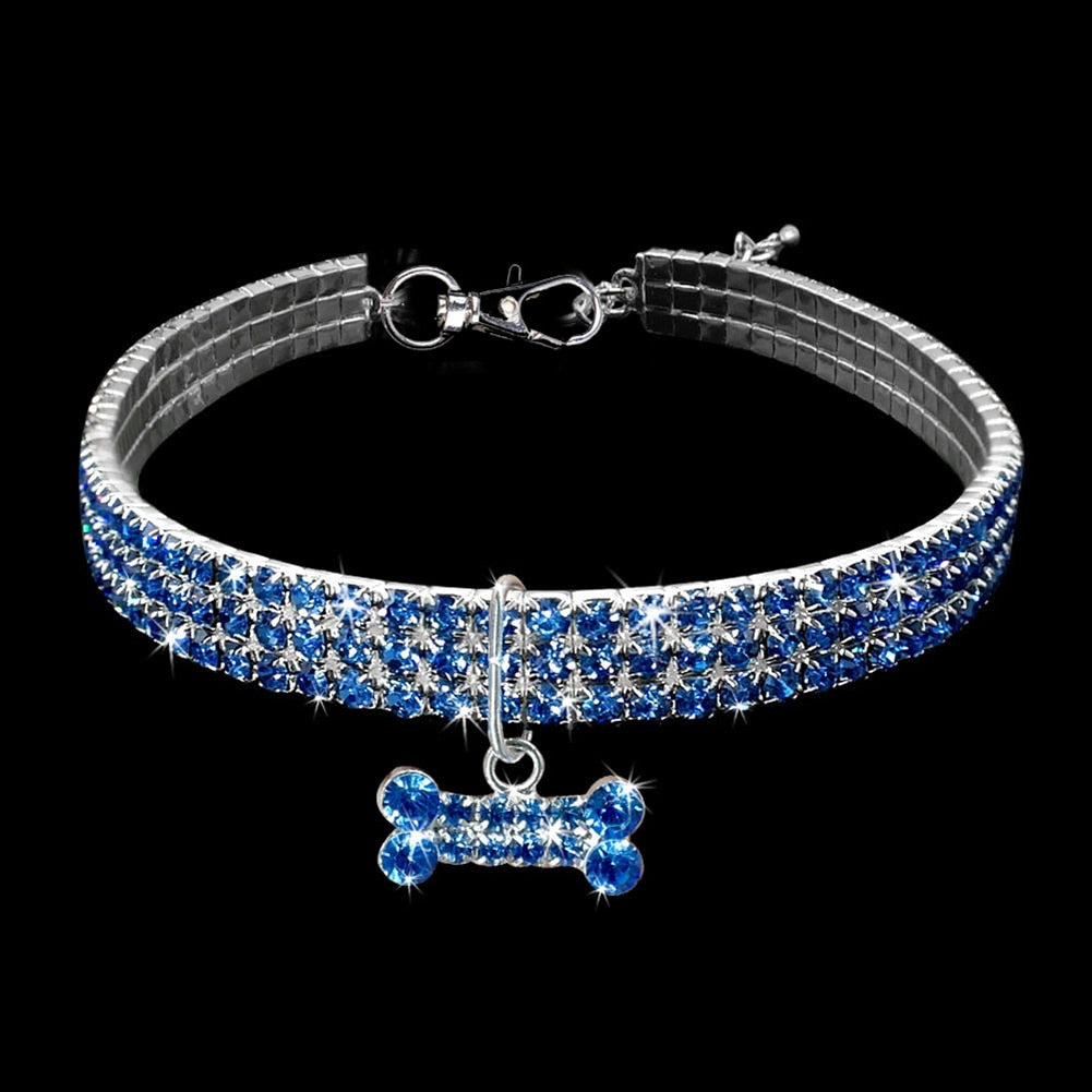 Blue Rhinestone Stretch Dog Collar