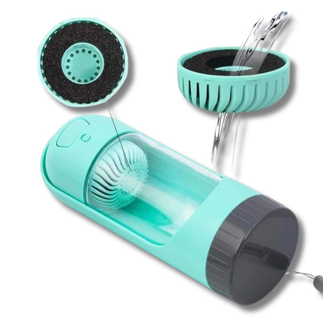 Turquoise Carbon Filtered Travel Water Bottle for Dogs with black carbon filter on a white background