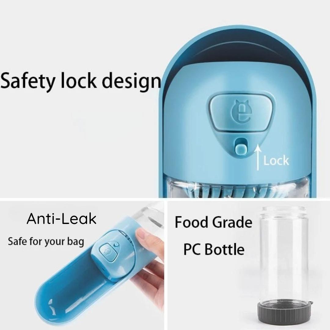 Blue water bottle with safety lock design, anti-leak feature, and food grade PC material on a white background.