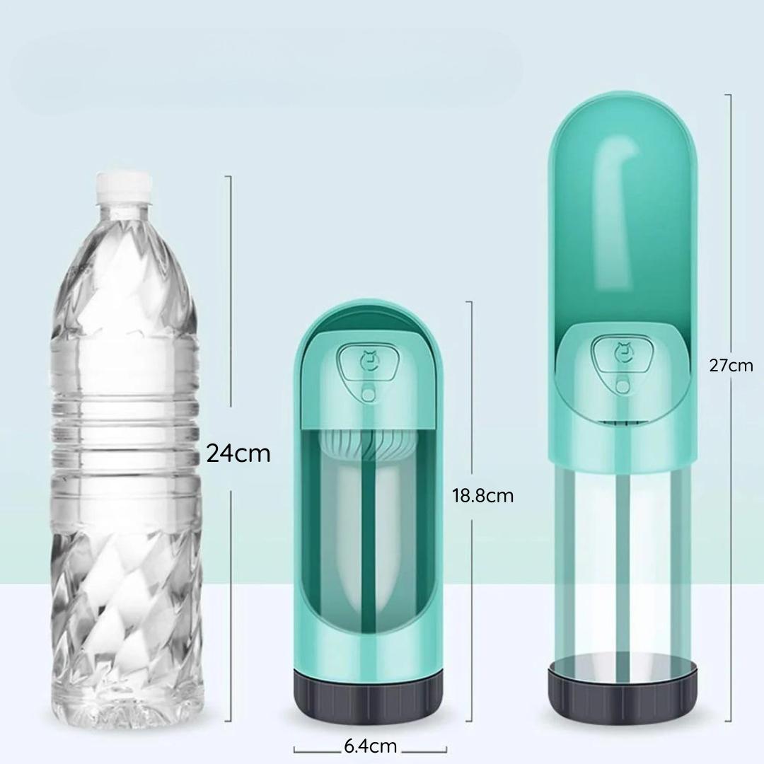 Teal water bottle with measurements on a light blue background comparison with a standard water bottle