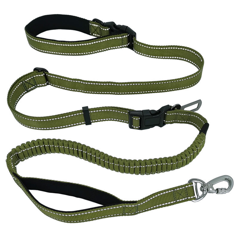 6-in-1 Multi-Use Hands-Free Dog Leash in Army Green with reflective adjustable design on white background