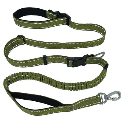 6-in-1 Multi-Use Hands-Free Dog Leash in Army Green with reflective adjustable design on white background