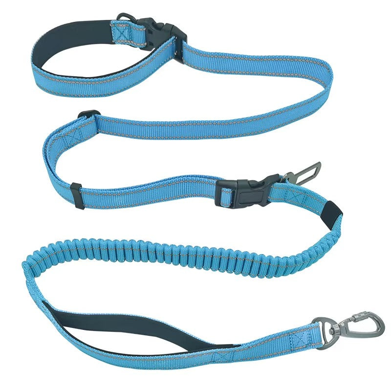 6-in-1 Multi-Use Hands-Free Dog Leash in Light Blue with reflective adjustable design on white background
