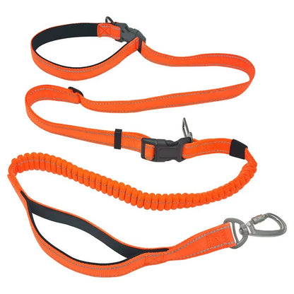 6-in-1 Multi-Use Hands-Free Dog Leash in Orange with reflective adjustable design on white background