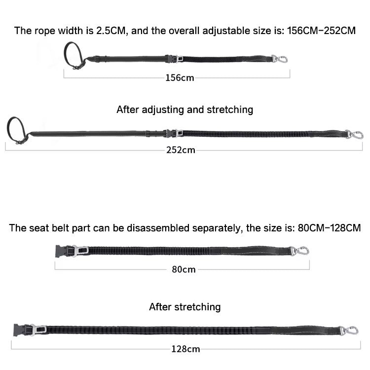 6-in-1 Multi-Use Hands-Free Dog Leash overall dimensions and adjustable length guide