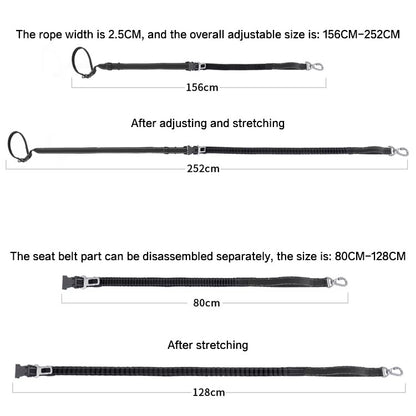 6-in-1 Multi-Use Hands-Free Dog Leash overall dimensions and adjustable length guide
