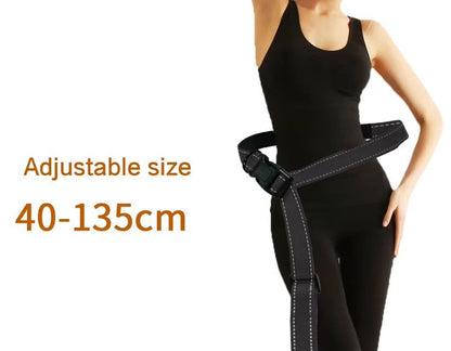 Adjustable waist belt sizing guide for the 6-in-1 Multi-Use Hands-Free Dog Leash  with image of woman wearing the leash around her waist