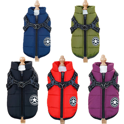 All-Weather Dog Jackets in multiple colours shown on white background – waterproof coats with built-in harness