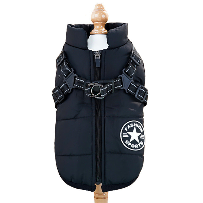 Black waterproof dog jacket front view with harness attachment – fleece-lined for winter walks