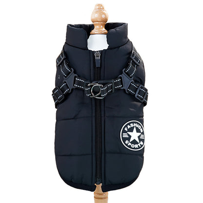 Black waterproof dog jacket front view with harness attachment – fleece-lined for winter walks