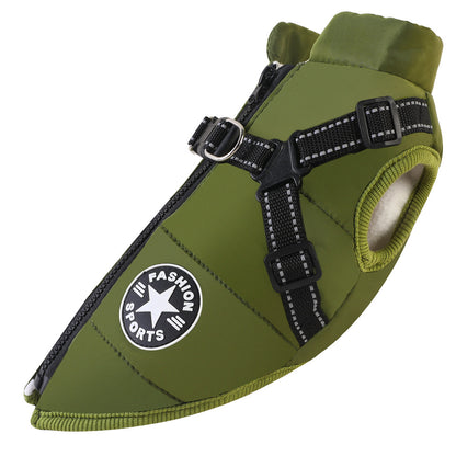 Green dog winter jacket from the side – built for rain and cold weather