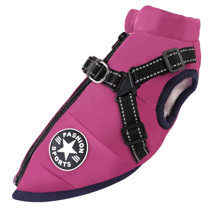 Purple waterproof dog jacket side angle – secure fit for winter walks