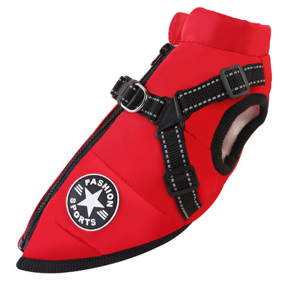 Red waterproof dog coat side view – features built-in harness and back zip