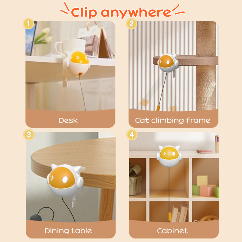 interactive automatic cat toy teaser ball showing clip on installation and play positions