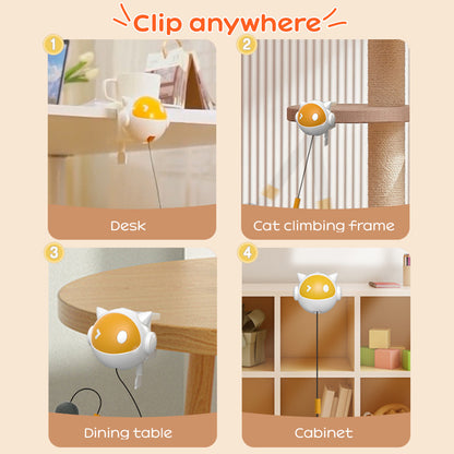 interactive automatic cat toy teaser ball showing clip on installation and play positions