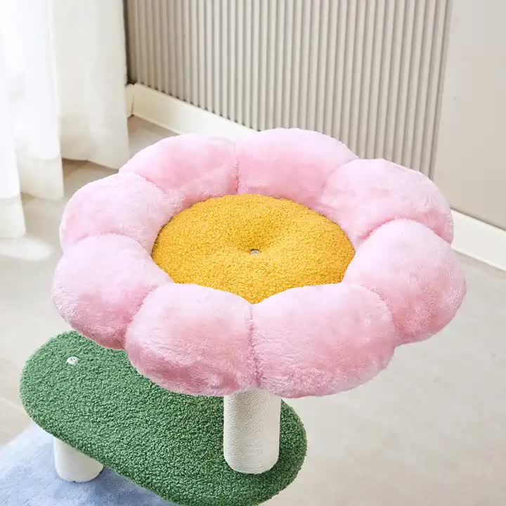 Pink flower-shaped top perch on Bloom Haven cat tree scratching tower