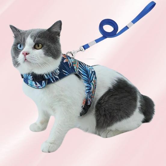 Blue tropical leaf cat harness set with leash