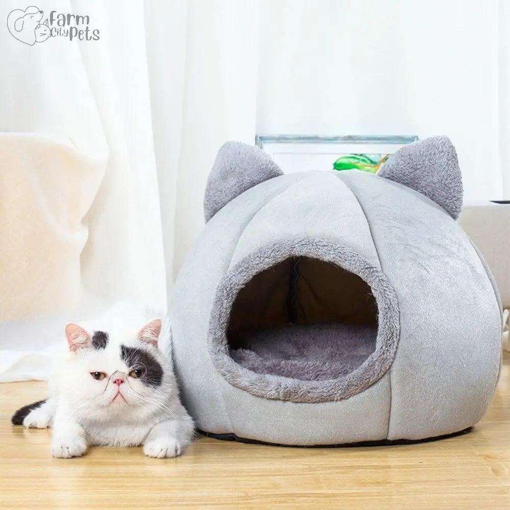 Cosy Cat Cave - Fluffy Round Bed with Cute Ears Farm City Pets