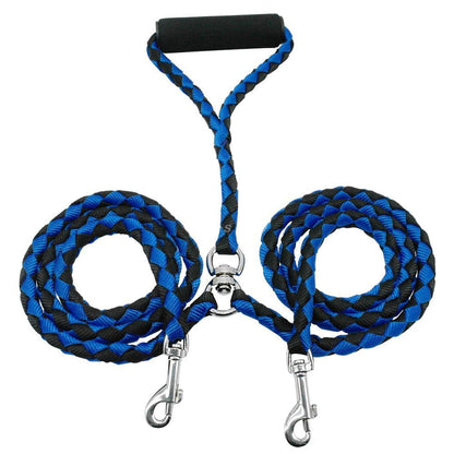 Blue and black braided double dog leash with metal clips on a white background