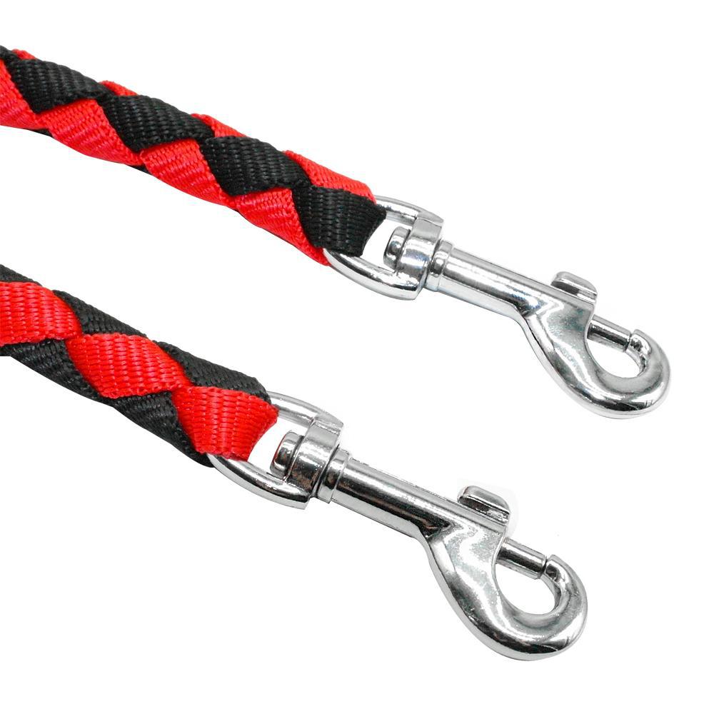 Red and black braided dog leash with metal clasps on a white background