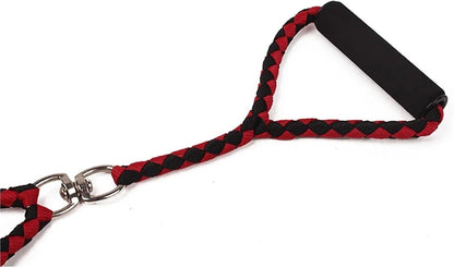 Red and black braided dog leash handle with a metal clip on a white background