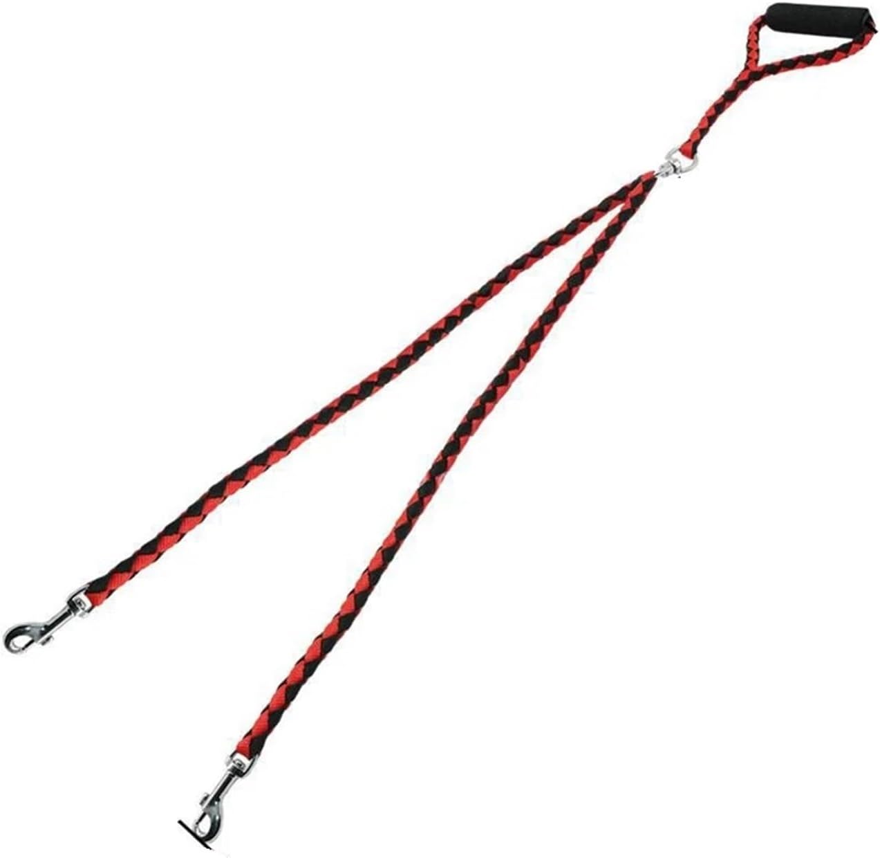 Red and black braided double dog leash on a white background