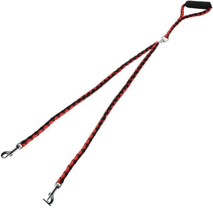 Red and black braided double dog leash on a white background