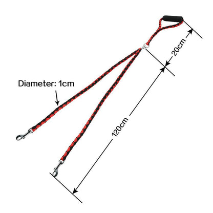 Measurement chart of a red and black dog leash with dimensions labeled.