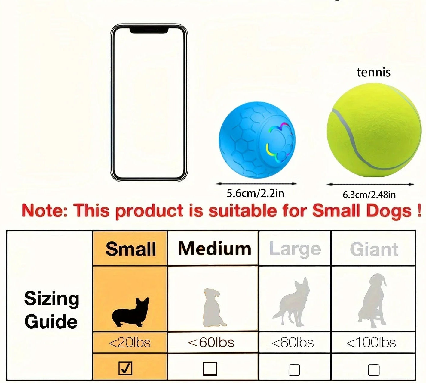 GlowMotion Smart Pet Ball – Interactive Rolling & Bouncing LED Toy size dimensions and recommendation - small dogs less than 20 pounds