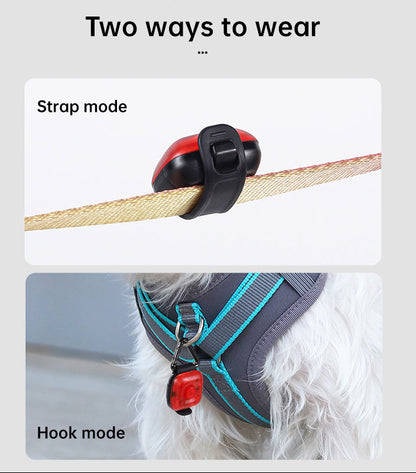 Dog LED light with strap mode and hook mode displayed on a grey background