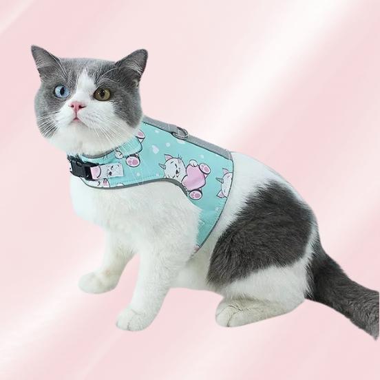 Green cat harness with unicorn kitten print and heart details side view